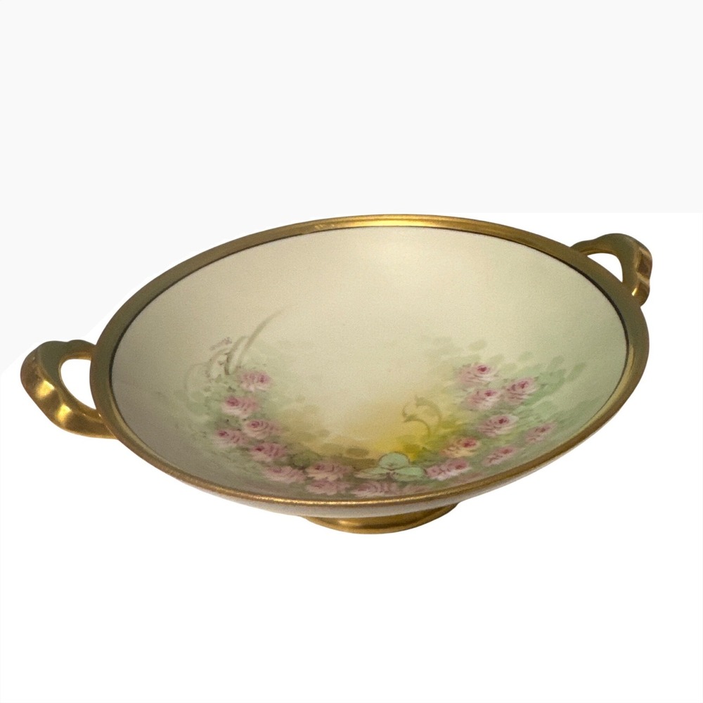 Vintage Thomas  Bavaria Hand Painted Rose‎ Bowl with Gold Trim Handles Porcelain